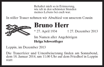 Traueranzeige von Bruno Herr von Uelzen