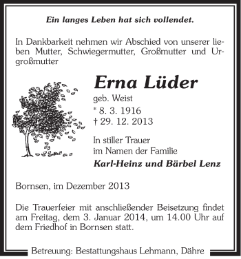 Traueranzeige von Erna Lüder von Uelzen