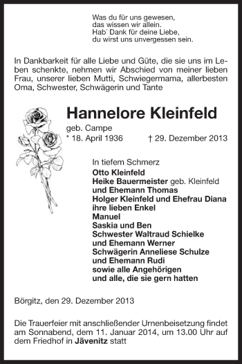 Traueranzeige von Hannelore Kleinfeld von Uelzen