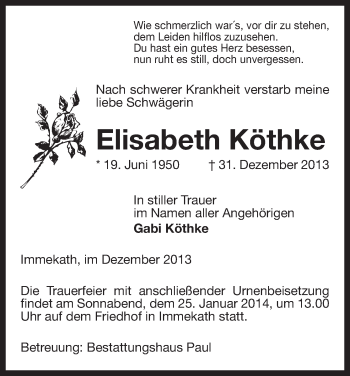 Traueranzeige von Elisabeth Köthke von Uelzen