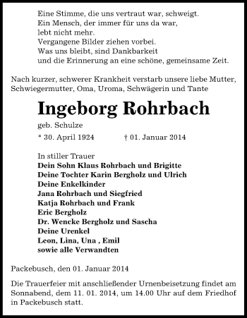 Traueranzeige von Ingeborg Rohrbach von Uelzen