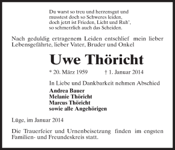 Traueranzeige von Uwe Thöricht von Uelzen