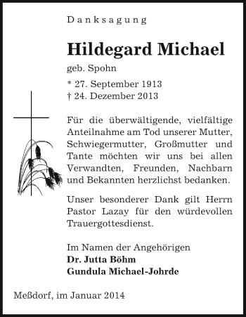 Traueranzeige von Hildegard Michael von Uelzen