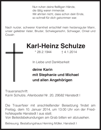 Traueranzeige von Karl-Heinz Schulze von Uelzen