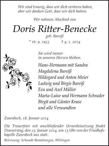 Traueranzeige von Doris Ritter-Benecke von Uelzen