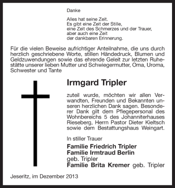 Traueranzeige von Irmgard Tripler von Uelzen