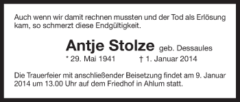 Traueranzeige von Antje Stolze von Uelzen