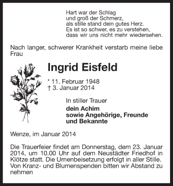 Traueranzeige von Ingrid Eisfeld von Uelzen