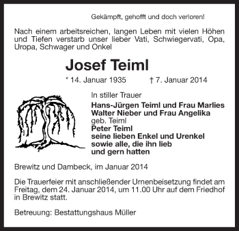 Traueranzeige von Josef Teiml von Uelzen