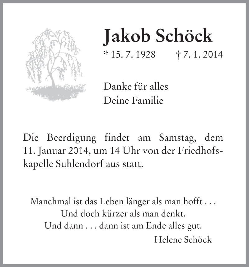  Traueranzeige für Jakob Schöck vom 10.01.2014 aus Allgemeine Zeitung Uelzen