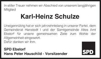 Traueranzeige von Karl-Heinz Schulze von Uelzen