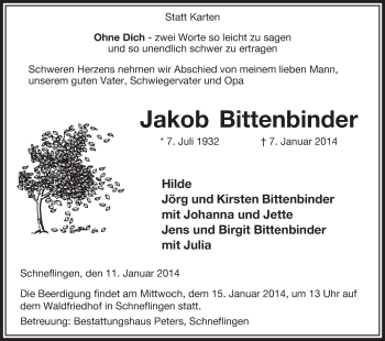 Traueranzeige von Jakob Bittenbinder von Uelzen