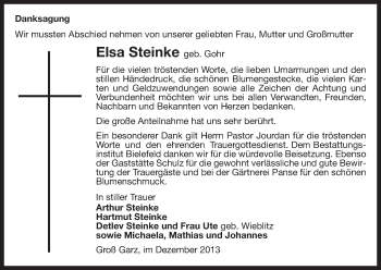 Traueranzeige von Elsa Steinke von Uelzen