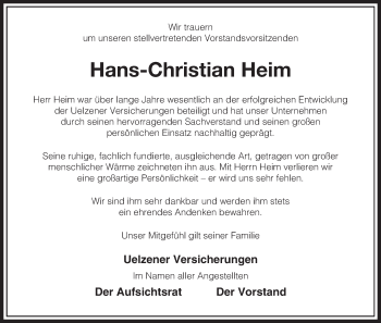 Traueranzeige von Hans-Christian Heim von Uelzen