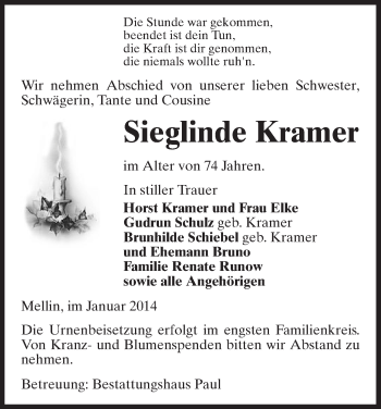 Traueranzeige von Sieglinde Kramer von Uelzen