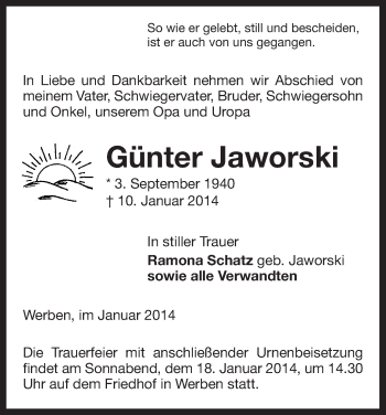 Traueranzeige von Günter Jaworski von Uelzen