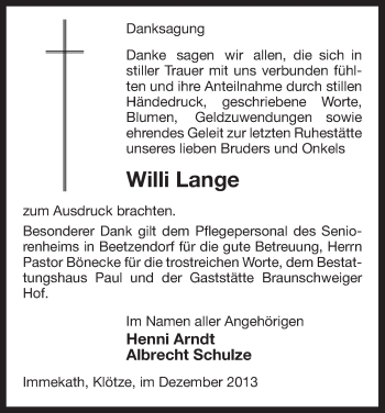 Traueranzeige von Willi Lange von Uelzen