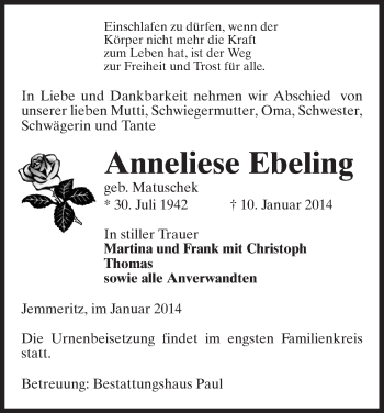 Traueranzeige von Anneliese Ebeling von Uelzen