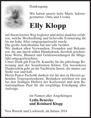 Traueranzeige von Elly Klopp von Uelzen