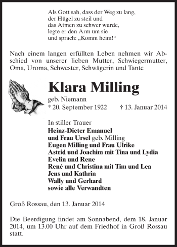 Traueranzeige von Klara Milling von Uelzen