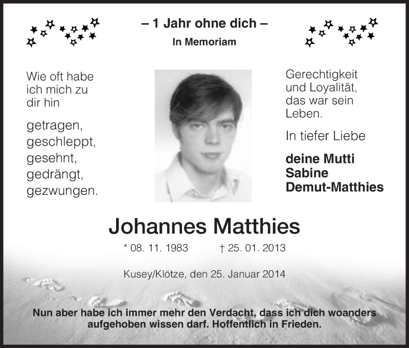  Traueranzeige für Johannes Matthies vom 25.01.2014 aus Uelzen