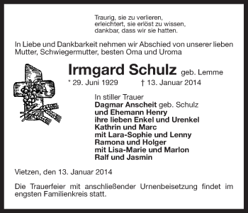 Traueranzeige von Irmgard Schulz von Uelzen