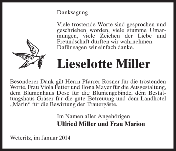 Traueranzeige von Lieselotte Miller von Uelzen