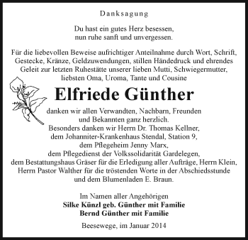 Traueranzeige von Elfriede Günther von Uelzen