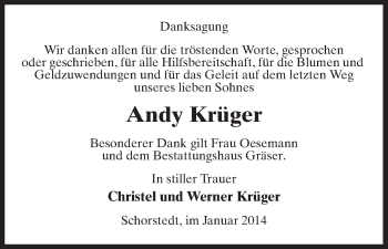 Traueranzeige von Andy Krüger von Uelzen