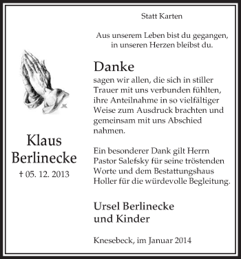 Traueranzeige von Klaus Berlinecke von Uelzen