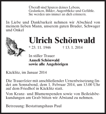 Traueranzeige von Ulrich Schönwald von Uelzen