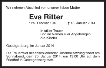 Traueranzeige von Eva Ritter von Uelzen