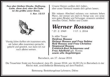 Traueranzeige von Werner Rossau von Uelzen