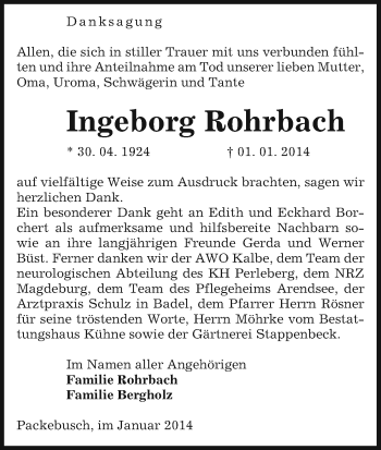 Traueranzeige von Ingeborg Rohrbach von Uelzen