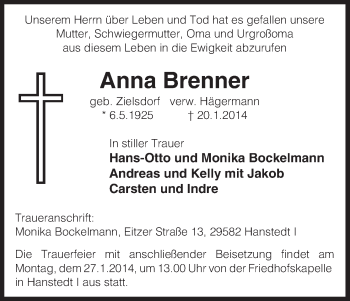 Traueranzeige von Anna Brenner von Uelzen