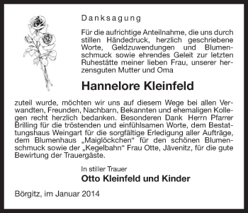 Traueranzeige von Hannelore Kleinfeld von Uelzen