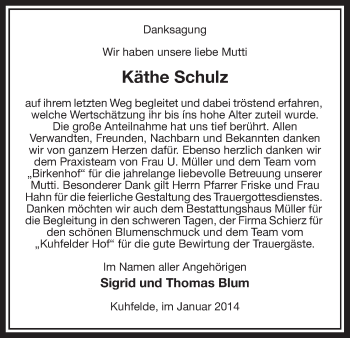 Traueranzeige von Käthe Schulz von Uelzen