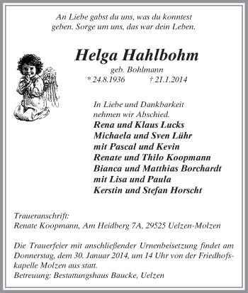 Traueranzeige von Helga Hahlbohm von Uelzen