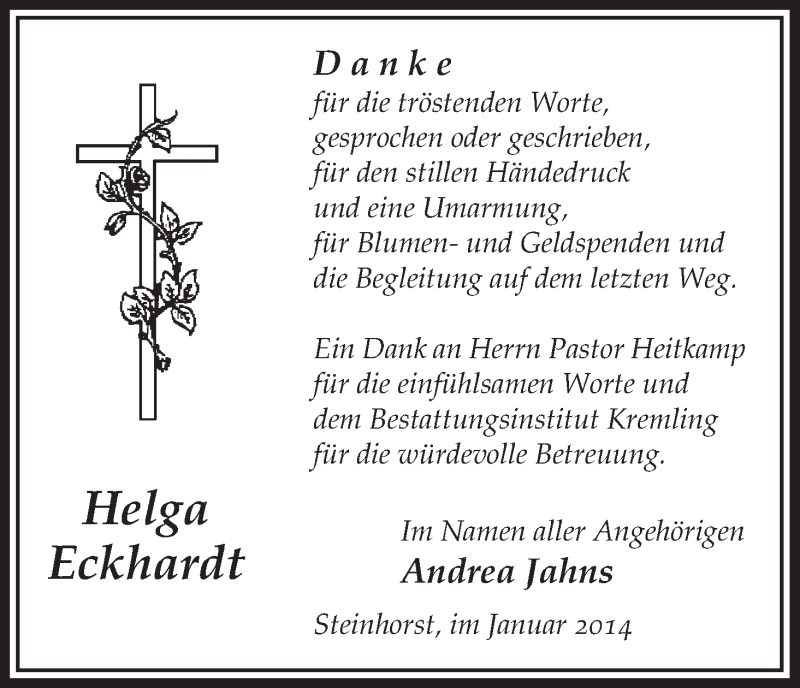  Traueranzeige für Helga Eckhardt vom 25.01.2014 aus Uelzen