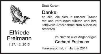 Traueranzeige von Elfriede Freimann von Uelzen
