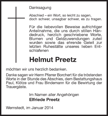 Traueranzeige von Helmut Preetz von Uelzen