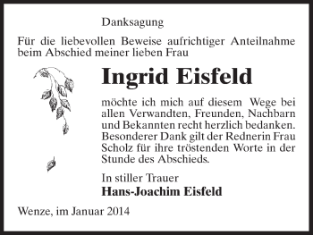 Traueranzeige von Ingrid Eisfeld von Uelzen