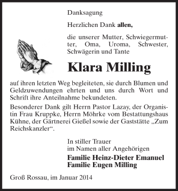 Traueranzeige von Klara Milling von Uelzen