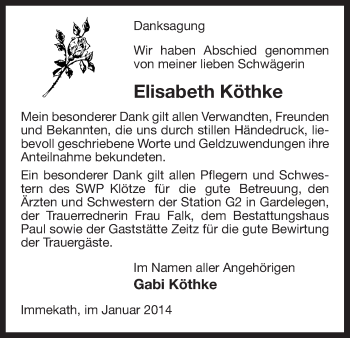 Traueranzeige von Elisabeth Köthke von Uelzen