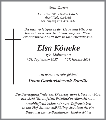 Traueranzeige von Elsa Köneke von Uelzen