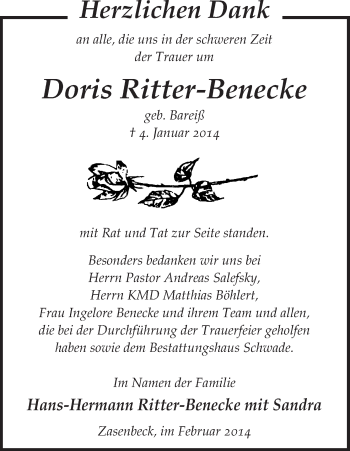 Traueranzeige von Doris Ritter-Benecke von Uelzen