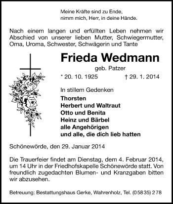 Traueranzeige von Frieda Wedmann von Uelzen