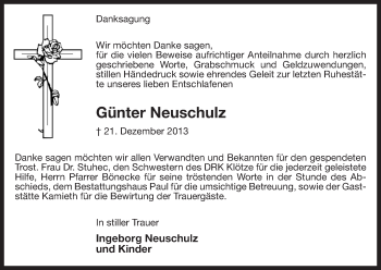 Traueranzeige von Günter Neuschulz von Uelzen