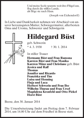 Traueranzeige von Hildegard Büst von Uelzen