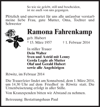 Traueranzeige von Ramona Fahrenkamp von Uelzen